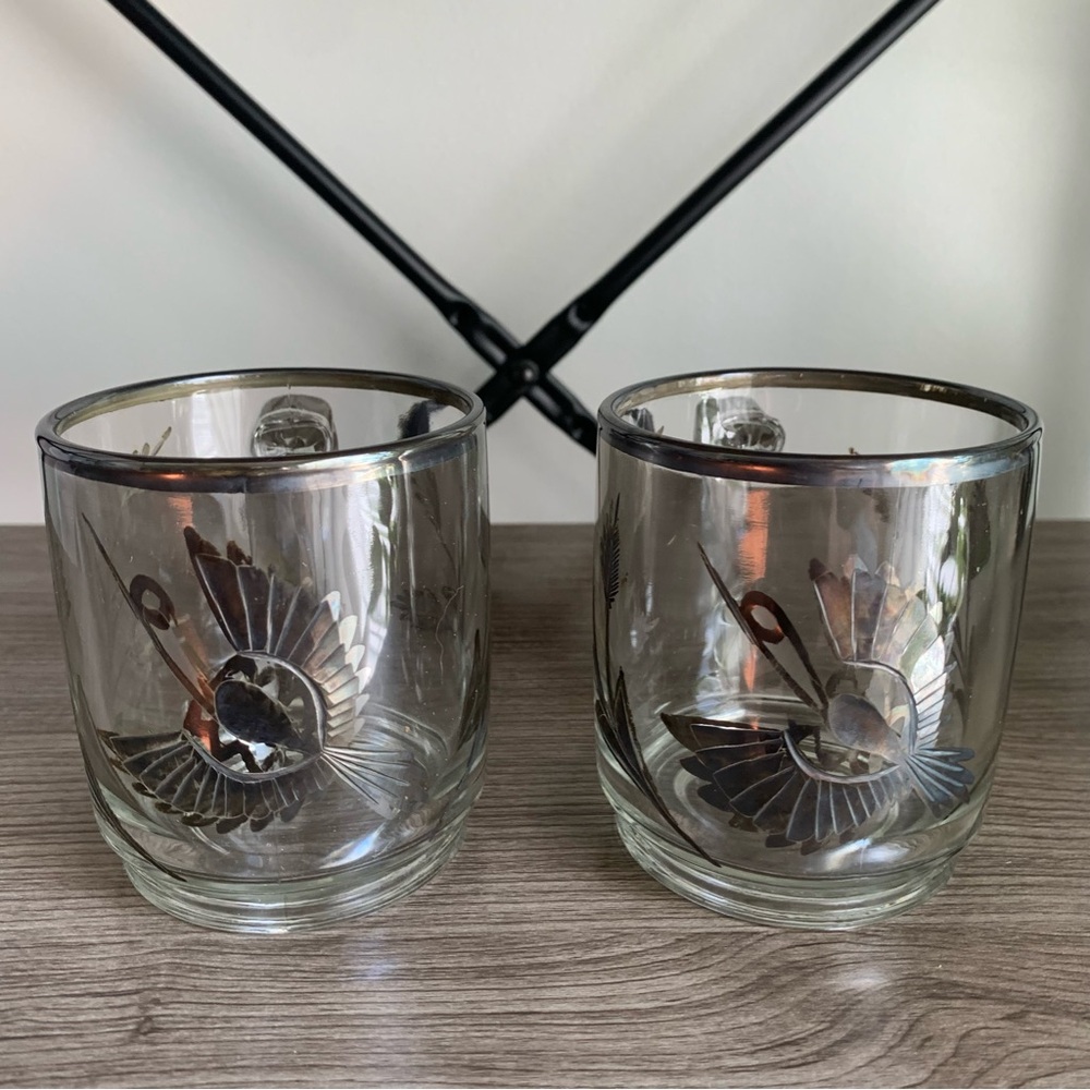 Set of 2 Sterling Silver Overlay Peru Peruvian Glasses Birds & Leaves w/Handles